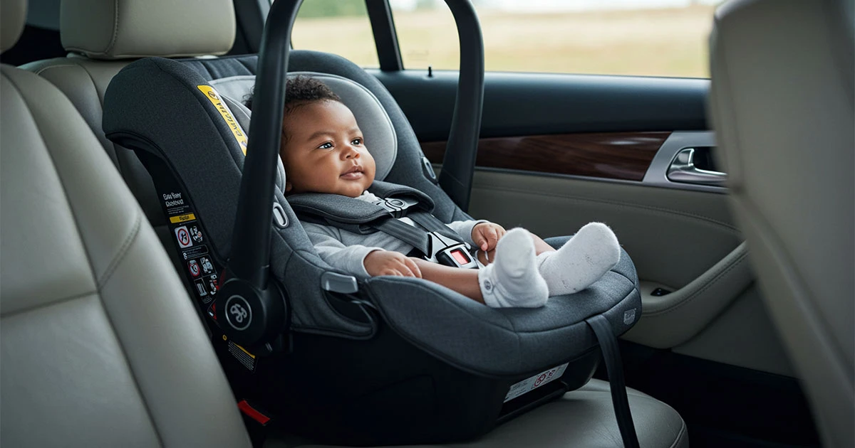 Newborn baby comfortably secured in a sleek, modern infant car seat.