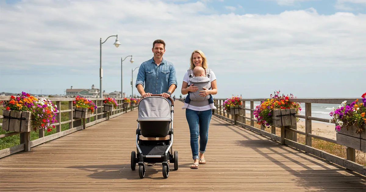 A happy family with a baby in a carrier and a stroller walking along a boardwalk.