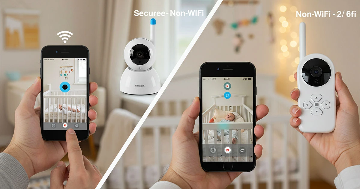 A split-screen image comparing a WiFi baby monitor streaming to a smartphone with a Non-WiFi baby monitor streaming to a dedicated parent unit.